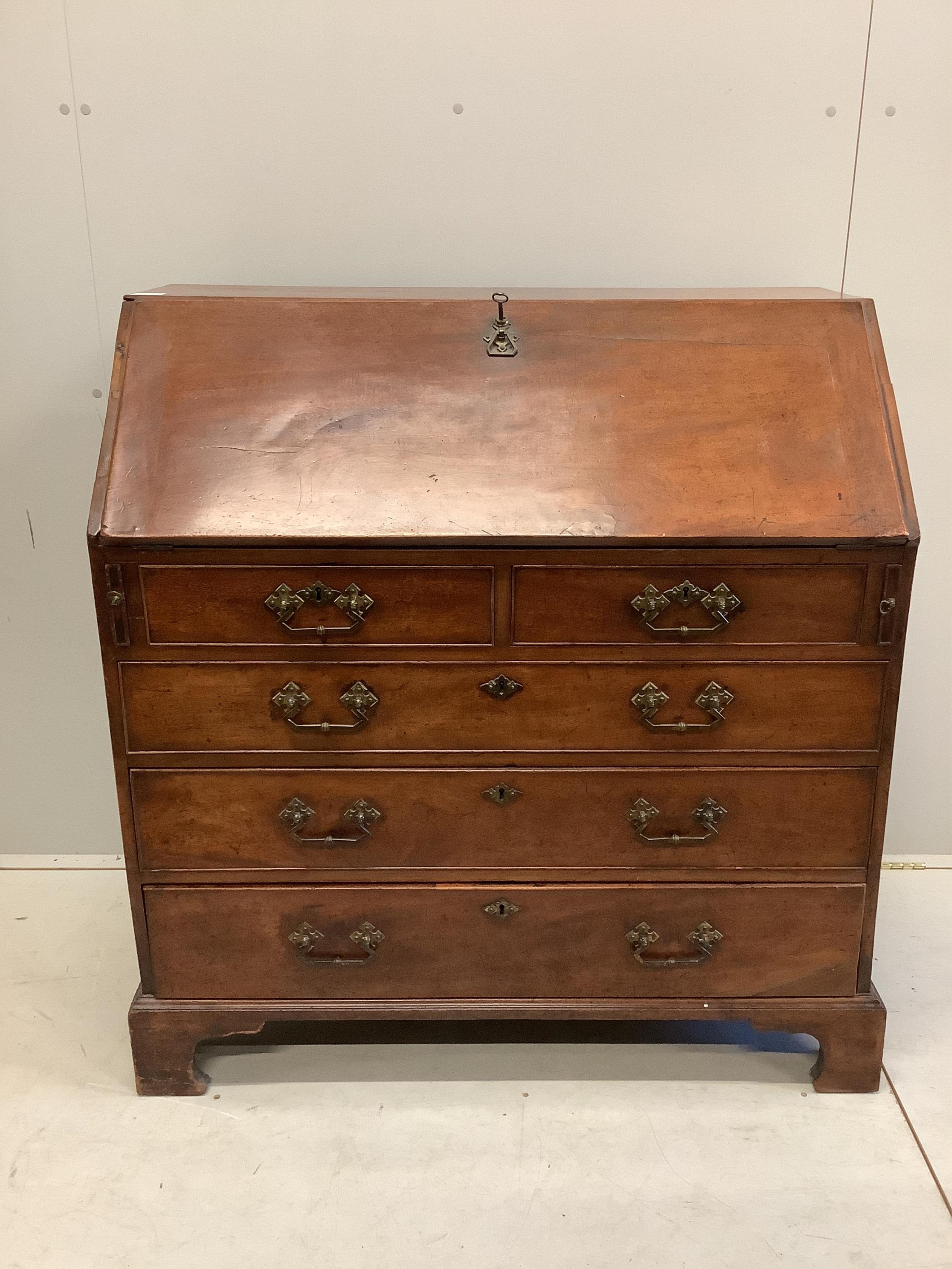 A George III mahogany bureau, width 101cm, depth 55cm, height 108cm. Condition - poor.